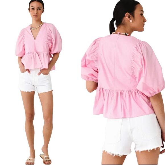 Hunter Bell Landry Puff Sleeve Peplum Top in Light Pink Size XS - Picture 2 of 9